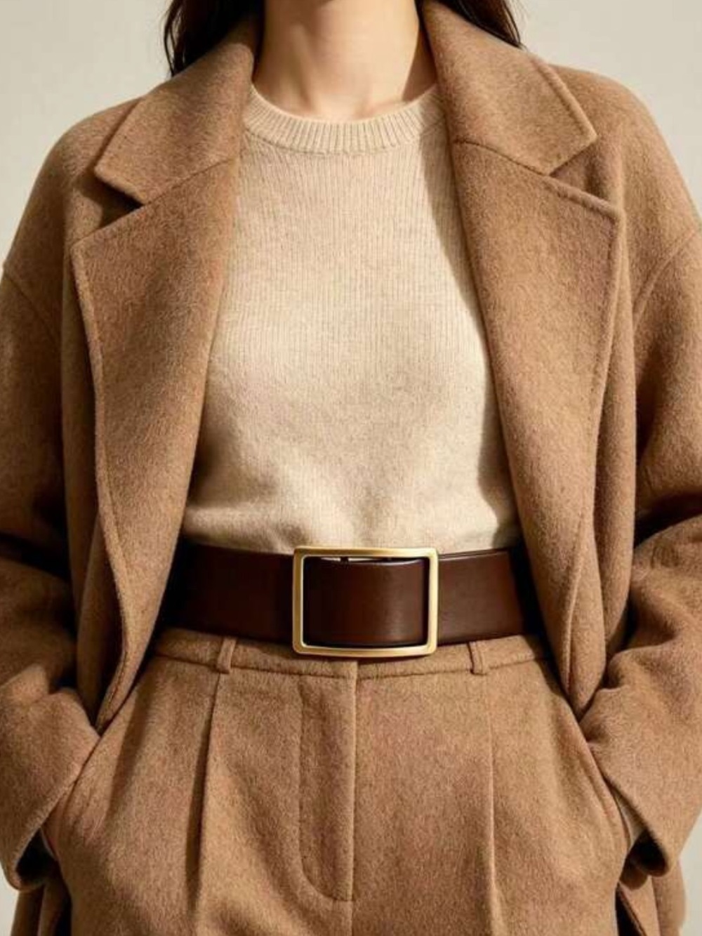Wide Brown Leather Belt with Gold-Tone Rectangular Buckle